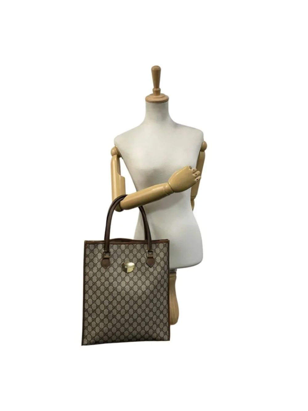 Gucci Tote Handle Vintage GG Plus Leather Gray Brown Gold Simple Business Daily